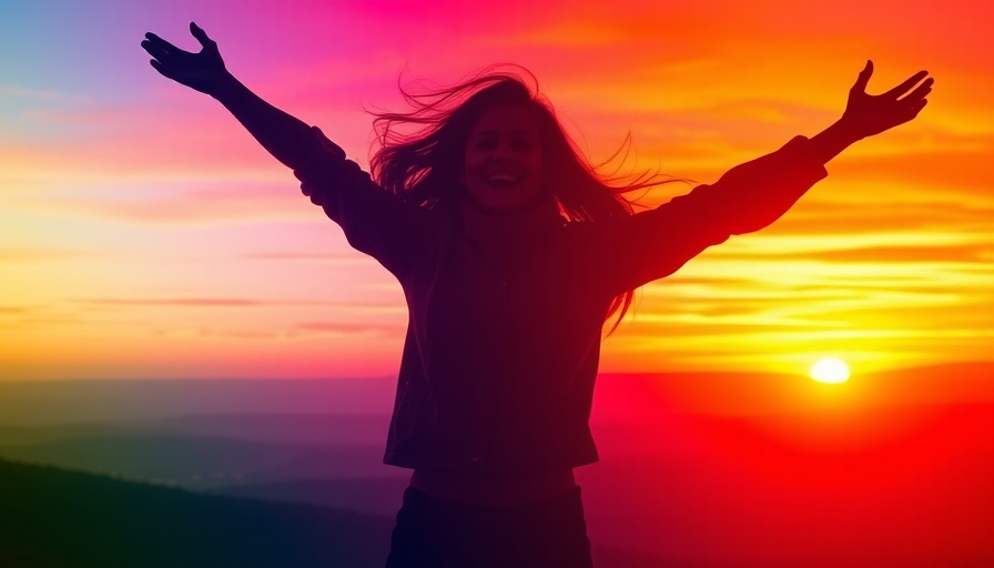 Healing from cPTSD: Woman embracing sunrise in nature, vibrant trails.