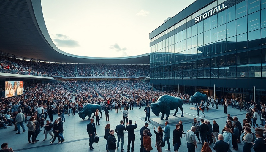 New sports stadiums in the US with crowd gathering and sculptures.