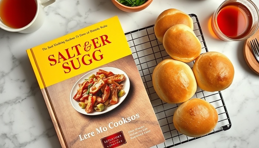 Salt Sugar MSG Cookbook beside golden bread rolls.