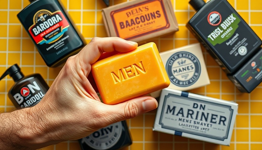 Vibrant display of the best bar soaps for men 2025 against a yellow grid background.