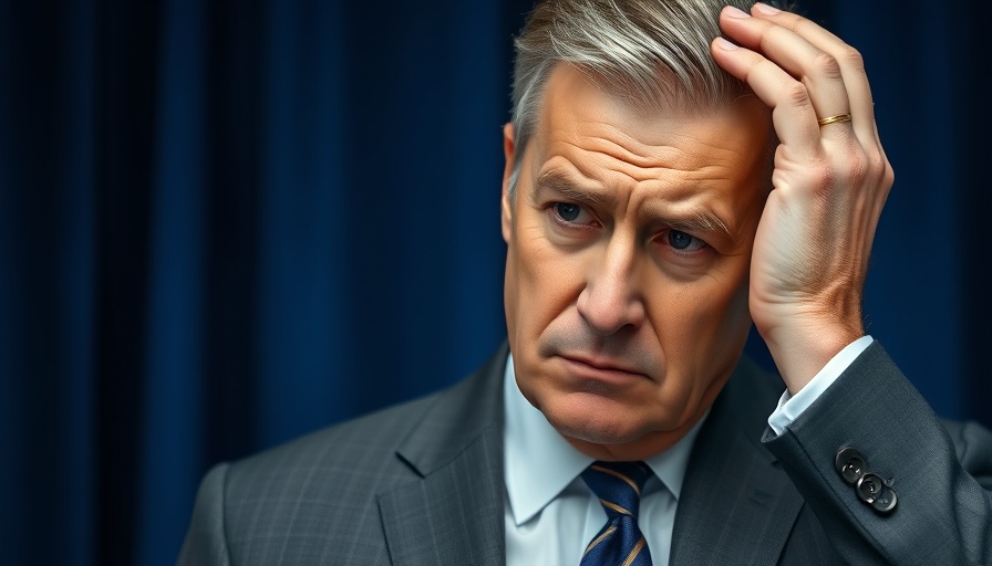 Concerned man in a suit adjusting hair in front of blue curtains reflecting on Federal Reserve Cuts US Growth Forecast.