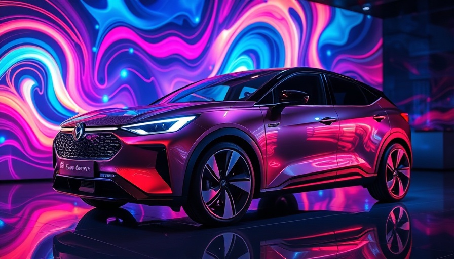 Futuristic BYD Han electric car with vibrant display backdrop.