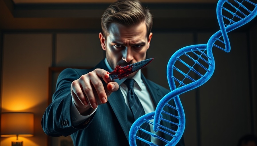 Man with knife through hand and DNA helix illustration, congenital insensitivity to pain.