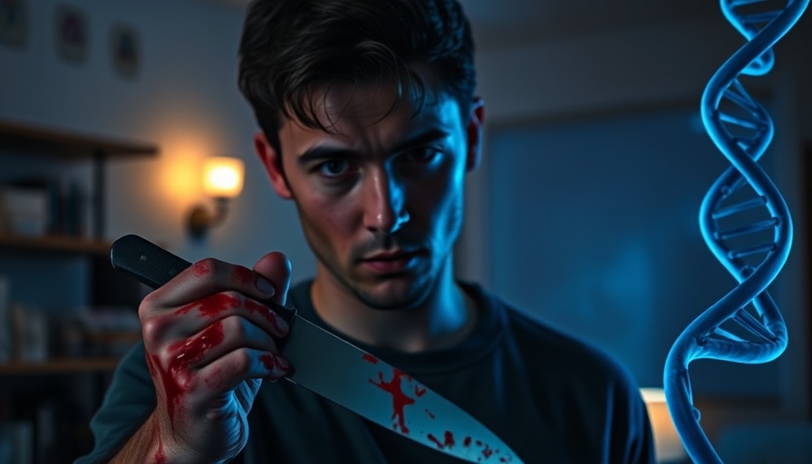 Cinematic scene of a man with a knife and DNA strand, Congenital Insensitivity to Pain.