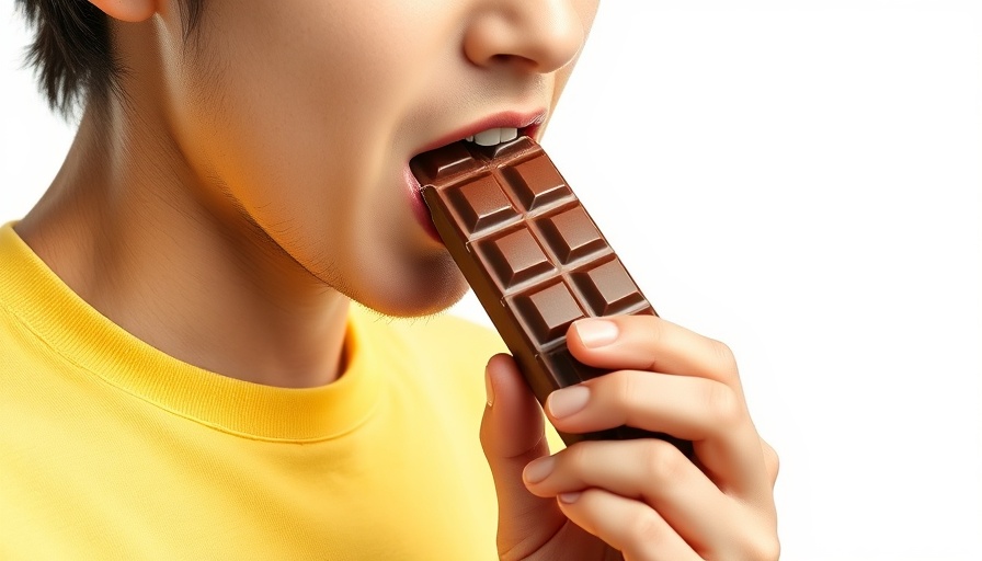 Close-up of person about to eat chocolate bar, highlighting sugar cravings health risks.