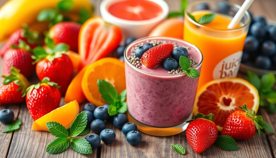 Vibrant fruit and juice at Maha Juice Bar highlighting transparency.