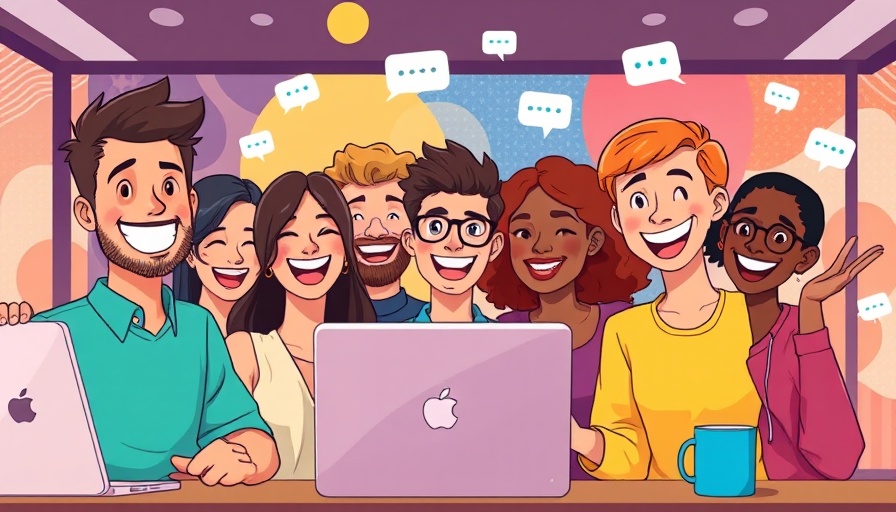Colorful cartoon of workplace friendship with diverse virtual interactions.