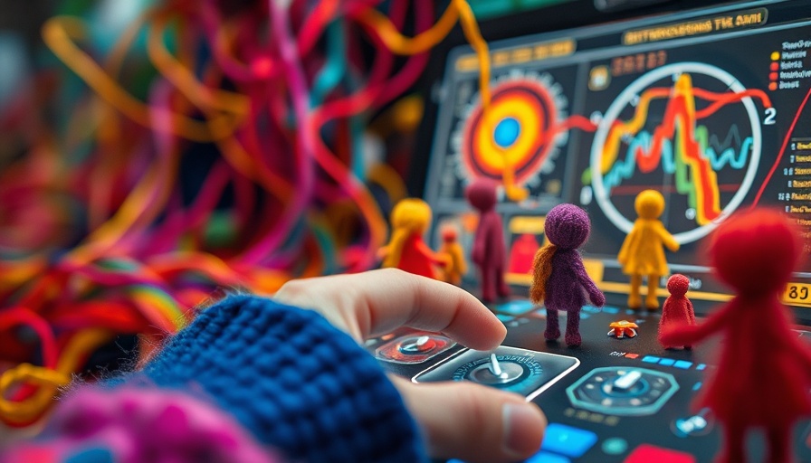 Miniature woolen figures with tactile, colorful digital interfaces.