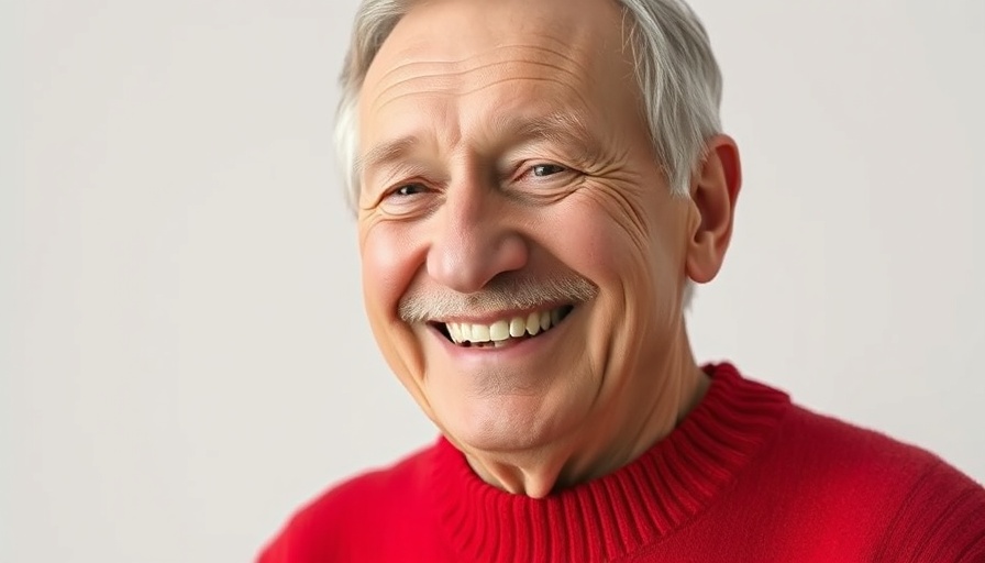 Portrait of an older man in a red sweater.