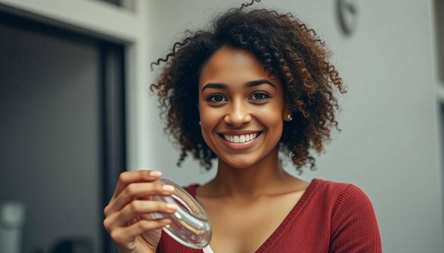Curly-haired woman smiling, holding a clear object.