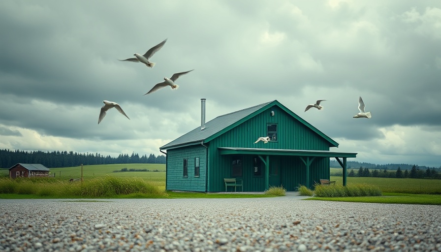 Modern green house amidst countryside and cloudy sky.