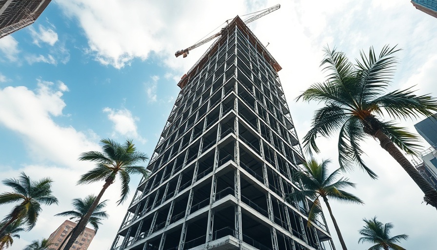 Solar backbone skyscraper construction in Miami with crane and palm trees.