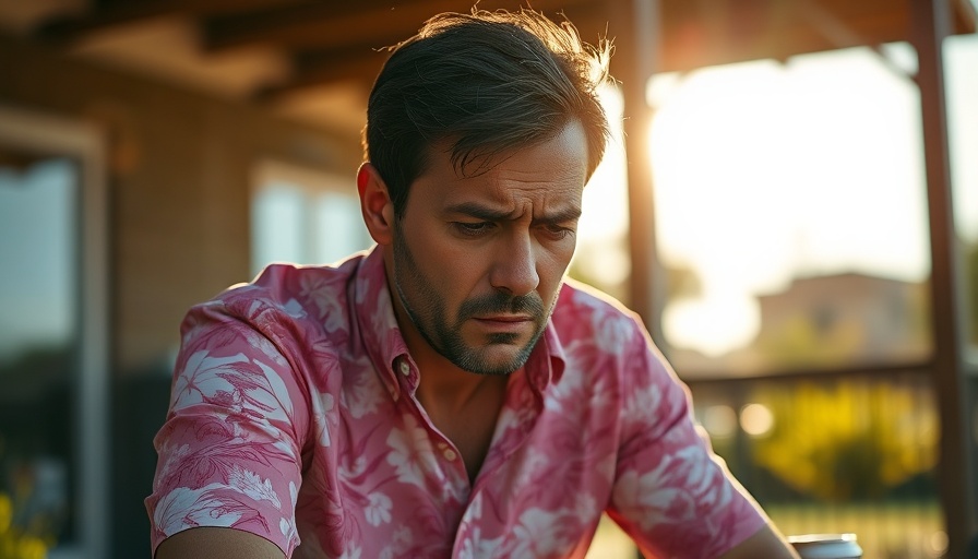Man in pink shirt navigating stress outdoors in sunny setting.