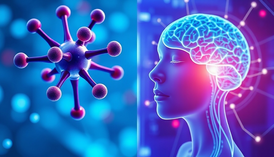 Futuristic pharmaceutical R&D illustration with vibrant molecules and brain scan.
