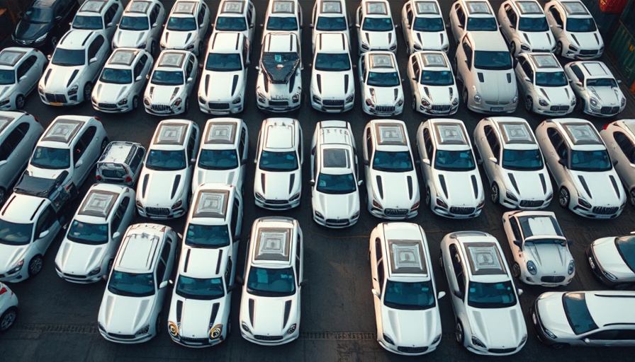Trump tariffs impact on automotive industry: parked SUVs in a shipping port.