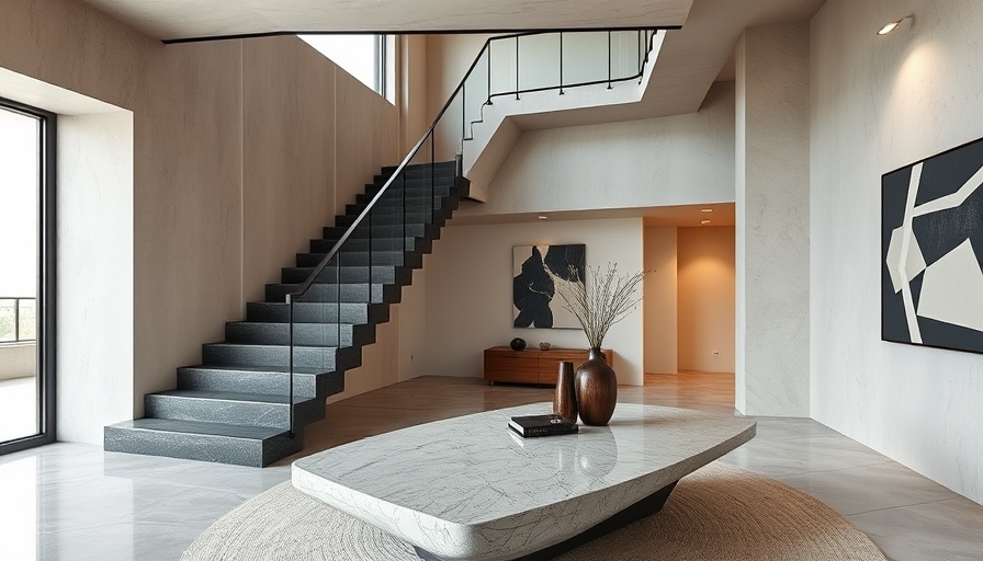 Modern minimalist interior with staircase and sleek table at Clinton Corners House.