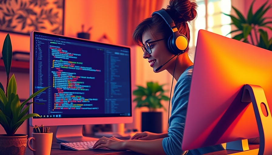 Vibrant digital art of a coder in a warm, colorful home office.