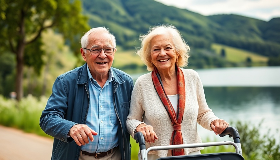 Elderly couple walking with rollator walkers for seniors by a lake.