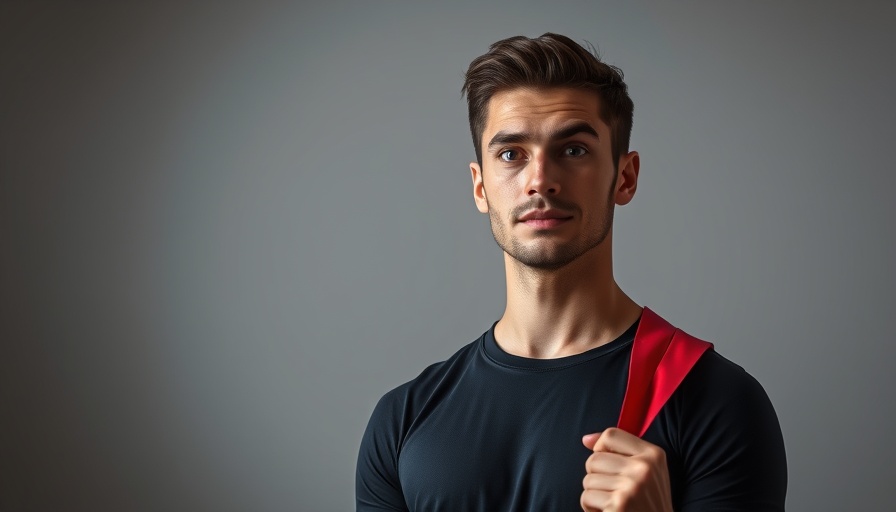 Young man with red exercise band in neutral background