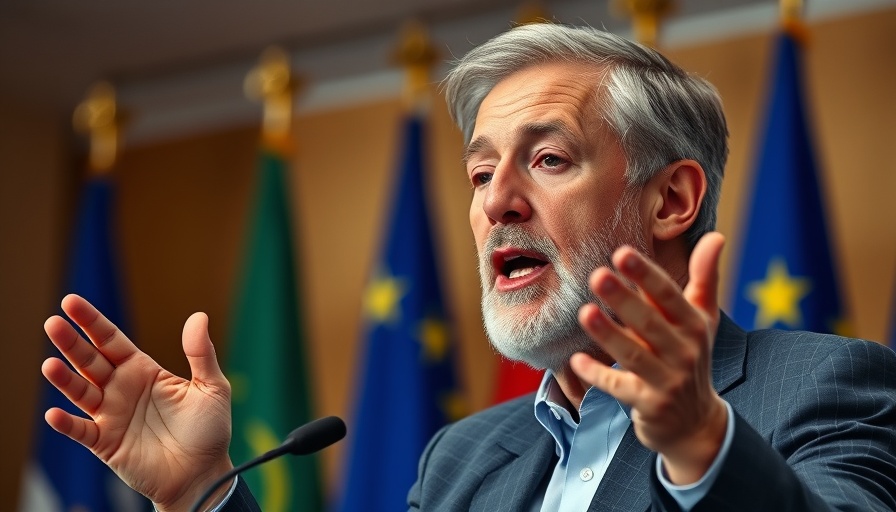 Man passionately speaking at European conference, highlighting sanctions impact.