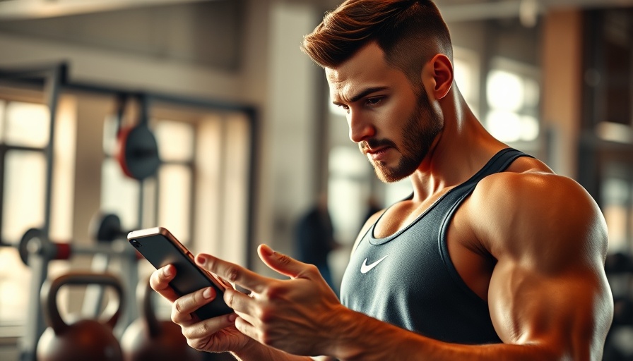 Man using a smartphone for workout apps in gym, best workout apps for digital nomads.