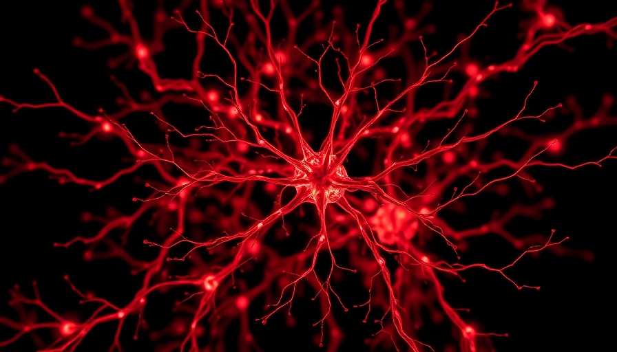 Intricate red neuron network illustrating neuron plasticity on dark background.