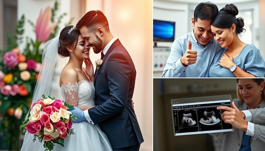 Emotional collage capturing life moments; marriage, pregnancy, hospital.
