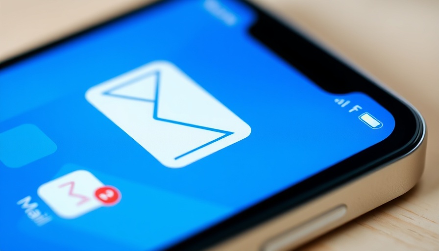 iPhone Mail app features displayed on screen with blue background.