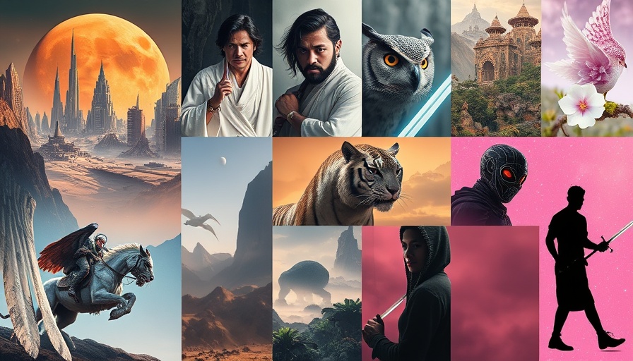 Diverse fantasy and futuristic scenes in Midjourney V7 Alpha style for franchise branding.