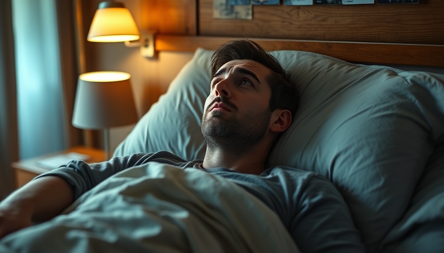 Man contemplatively awake in bed, pondering sleep issues.