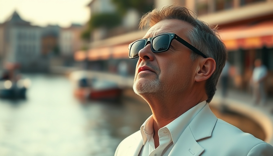 Man in white suit near waterfront in 'The White Lotus' style.