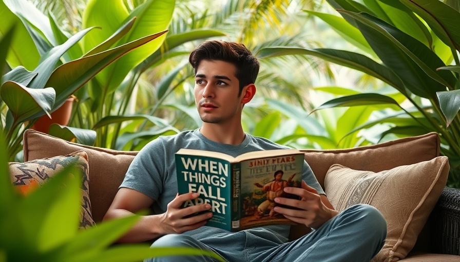 Young man reading 'When Things Fall Apart' in a tropical setting.