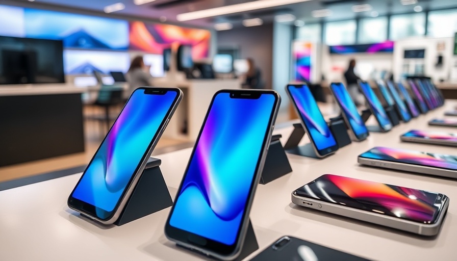 Various modern smartphones displayed on stands in a tech store, highlighting tech buying trends.
