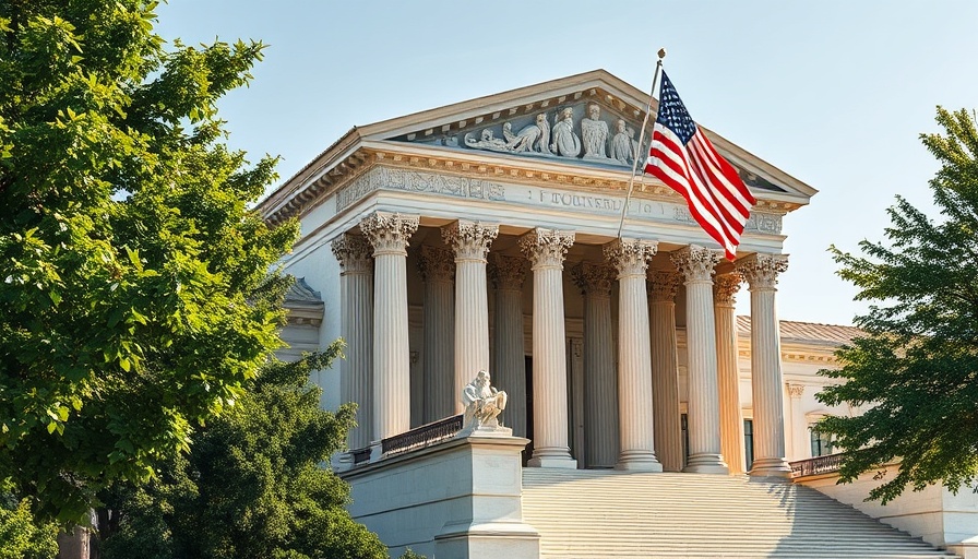 Supreme Court building with waving American flag and columns.