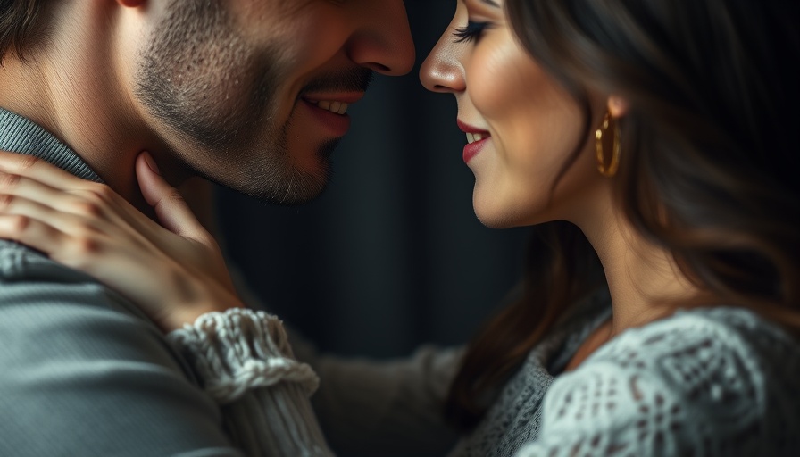 Close-up of couple embracing intimately, soft lighting.
