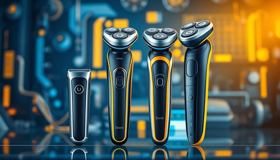 Electric shavers on sale April 2025, blue grid background.