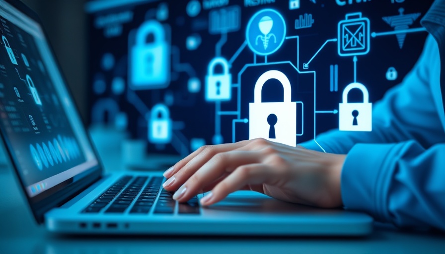 Healthcare Cybersecurity Benchmarking 2025 illustration with padlocks and typing hands.