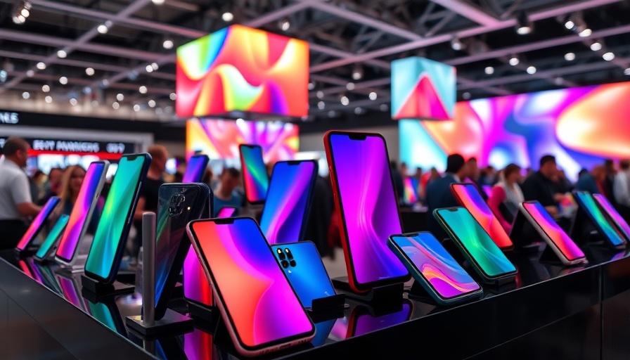 A vivid array of colorful smartphones on display, showcasing advanced technology.