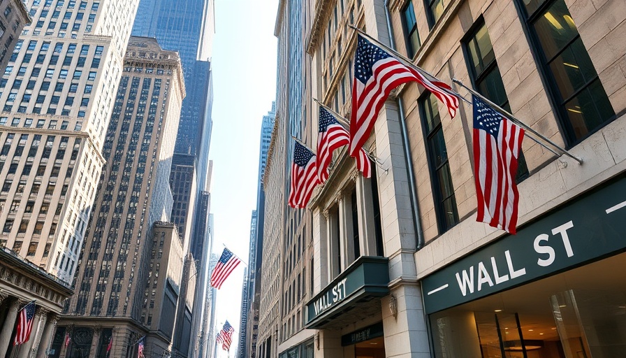 Wall Street sign with American flags and skyscrapers