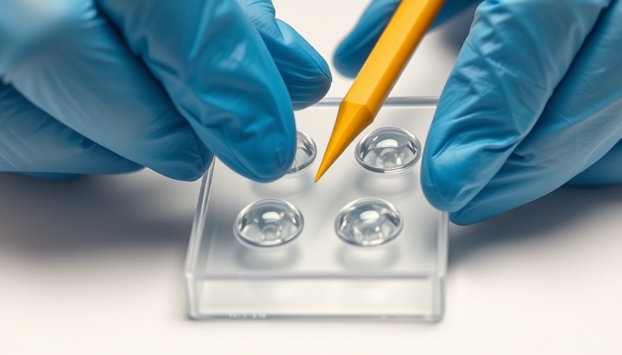 Gloved hands with hydrogel samples and tool.