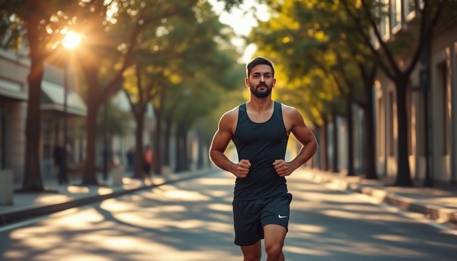 Man walking briskly for heart health, street at sunrise