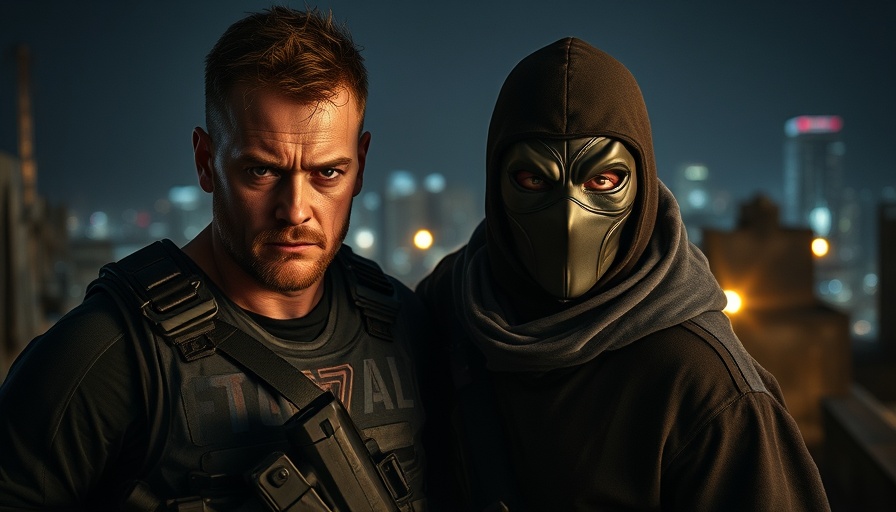 Daredevil and fellow hero stand tensely on a dim rooftop.
