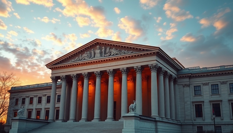 Classical Supreme Court building at sunset with motion clouds.