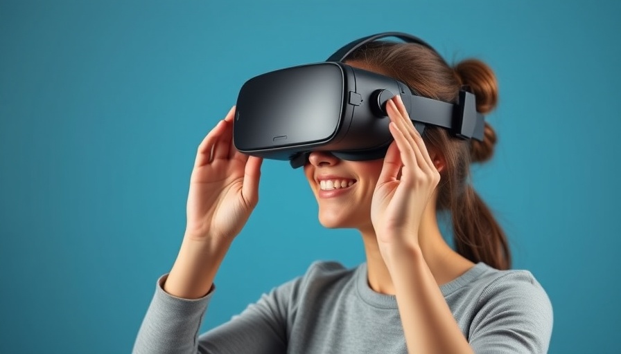 VR AR stress management with a woman in a VR headset on blue background.
