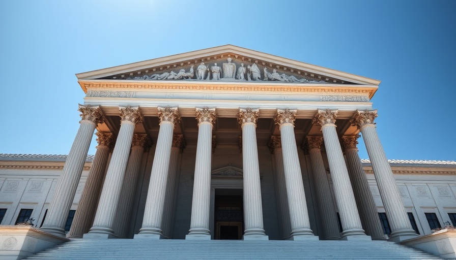 Supreme Court building with clear sky backdrop.