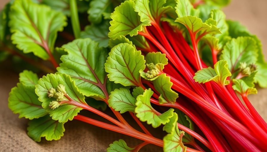 April seasonal produce: vibrant greens and red stalks.