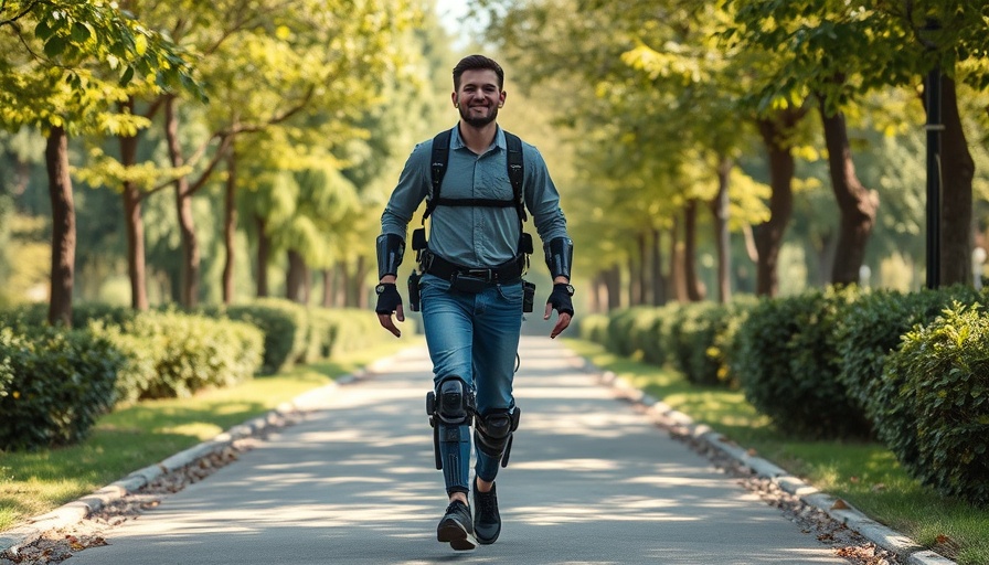AI tools for mobility disorders: Man walking with AI exoskeleton in park.