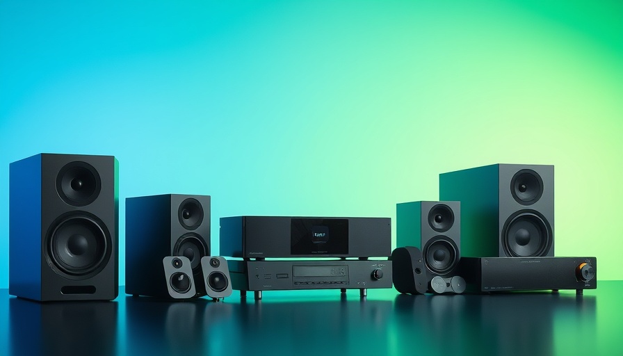 Refurbished Sonos soundbars with headphones and speaker on gradient background.