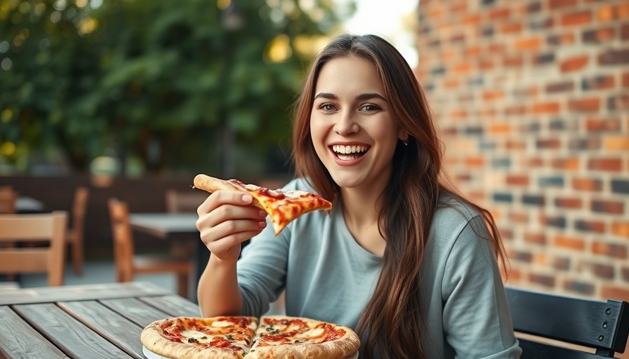 Joyful woman enjoying pizza outdoors, relating to the impact of fast food on brain health.