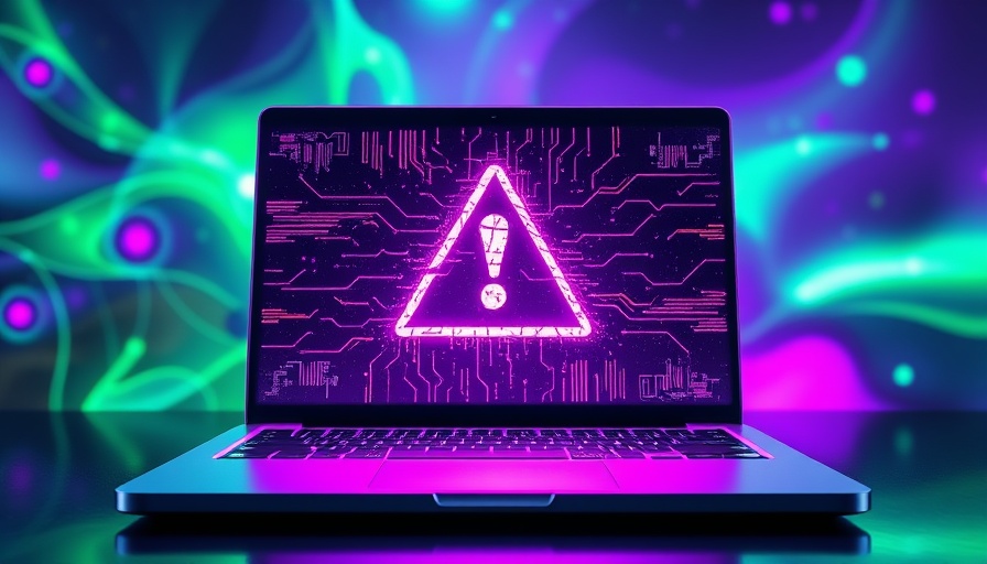 Digital art showing a glitched warning symbol on a laptop screen, symbolizing malware.